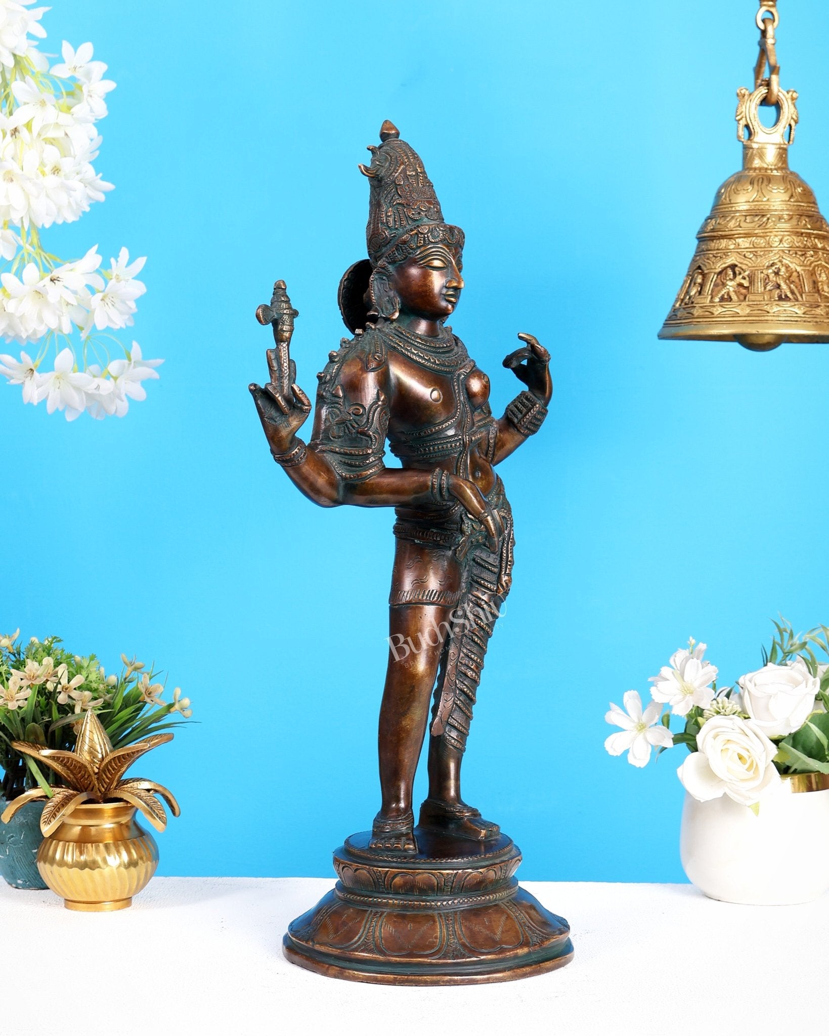 Vintage Brass Ardhanarishwara Statue | Bronze Tone Finish 19 inch - Budhshiv.com