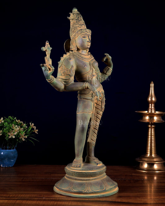 Vintage Brass Ardhanarishwara Statue | Green patina Tone 19 inch - Budhshiv.com
