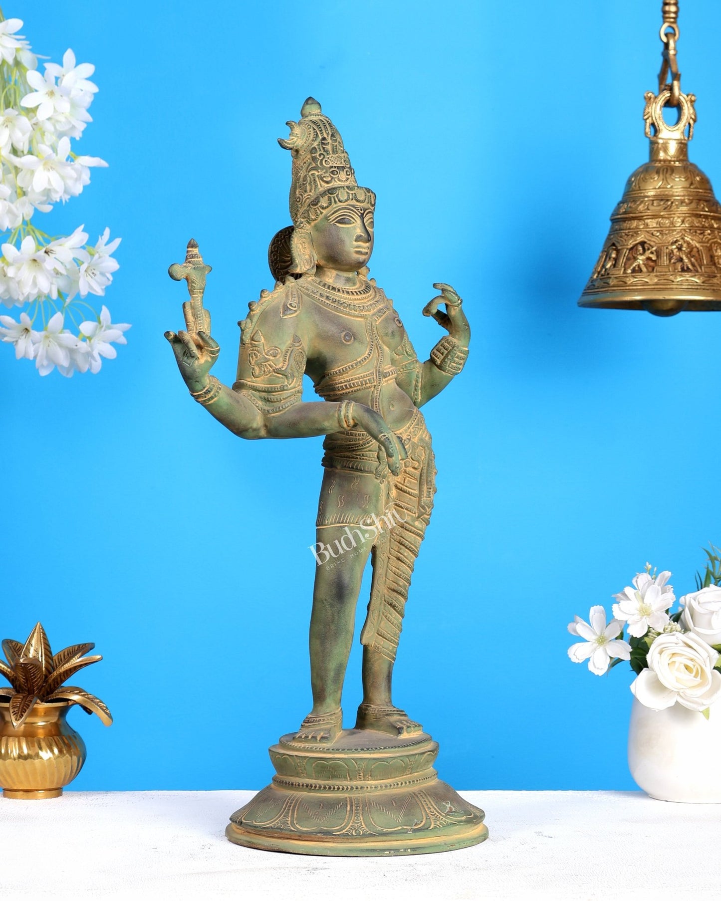 Vintage Brass Ardhanarishwara Statue | Green patina Tone 19 inch - Budhshiv.com