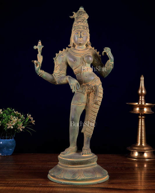 Vintage Brass Ardhanarishwara Statue | Green patina Tone 19 inch - Budhshiv.com