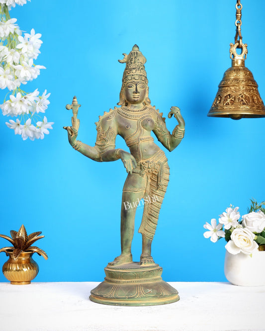 Vintage Brass Ardhanarishwara Statue | Green patina Tone 19 inch - Budhshiv.com