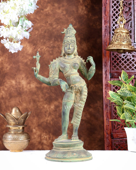 Vintage Brass Ardhanarishwara Statue | Green patina Tone 19 inch - Budhshiv.com