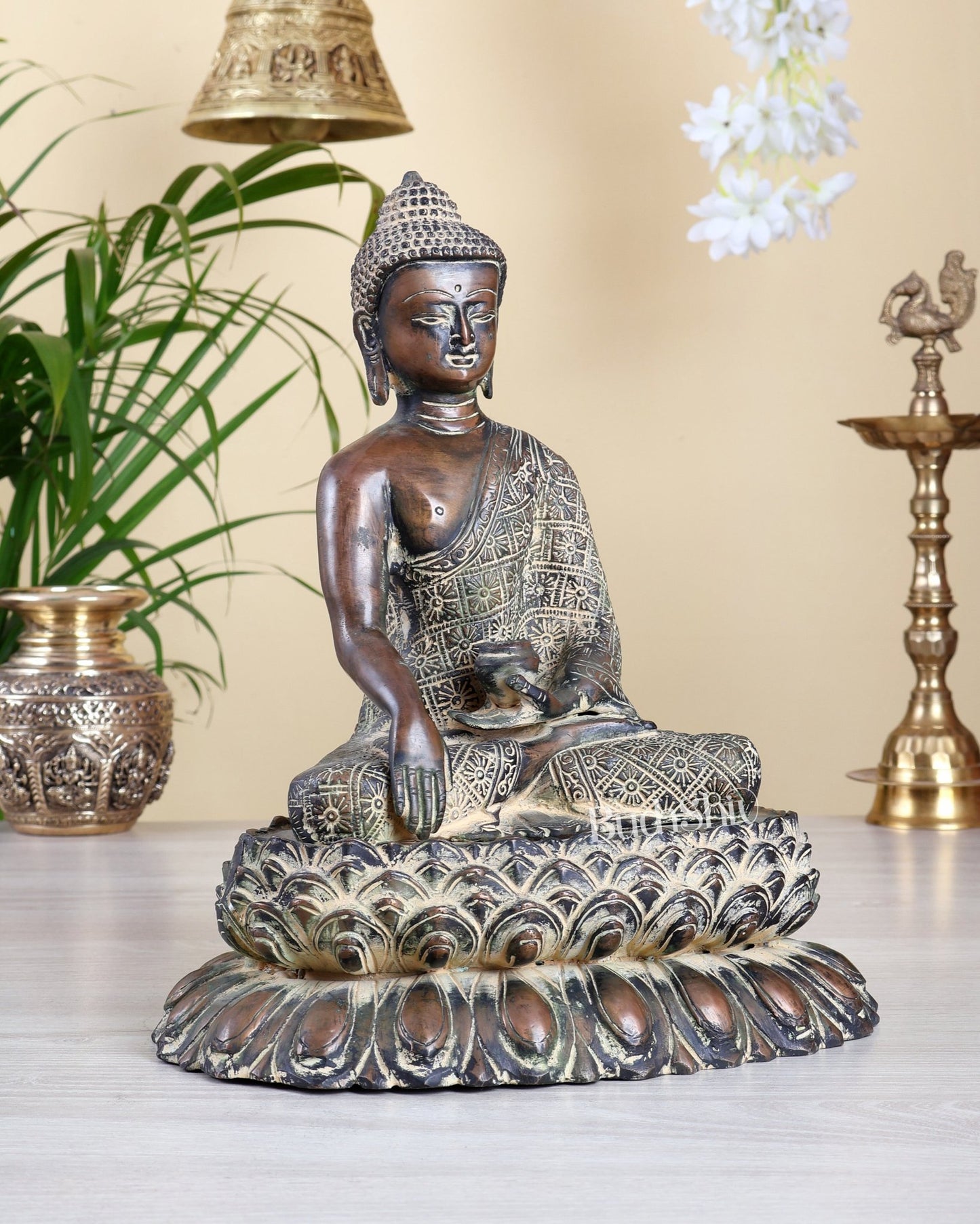 Vintage Brass Buddha on Lotus Base – Rustic Sand Finish Enlightened Buddha Statue 10" - Budhshiv.com