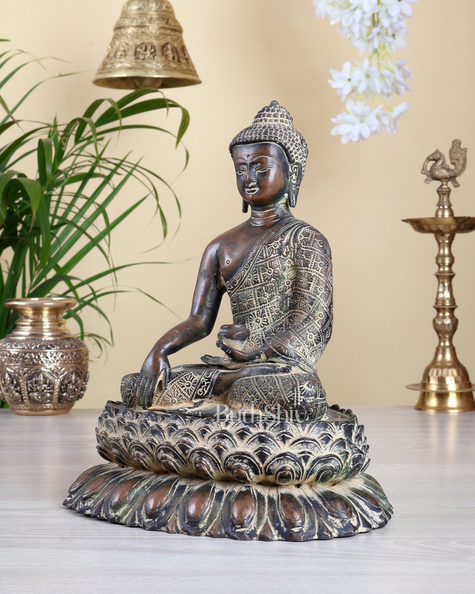 Vintage Brass Buddha on Lotus Base – Rustic Sand Finish Enlightened Buddha Statue 10" - Budhshiv.com