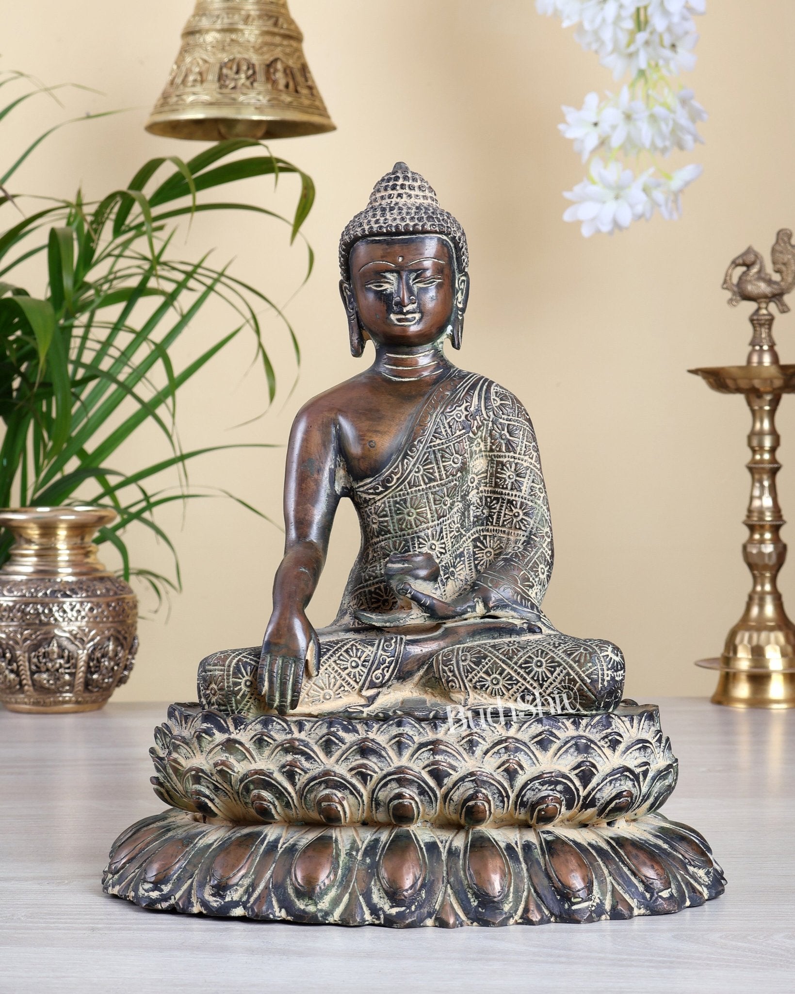 Vintage Brass Buddha on Lotus Base – Rustic Sand Finish Enlightened Buddha Statue 10" - Budhshiv.com