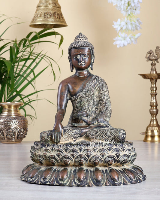 Vintage Brass Buddha on Lotus Base – Rustic Sand Finish Enlightened Buddha Statue 10" - Budhshiv.com