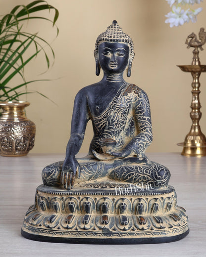 Vintage Brass Buddha Statue – Bhoomisparsha Nirvana Enlightened Buddha in Rustic Sand Patina 10.5" - Budhshiv.com