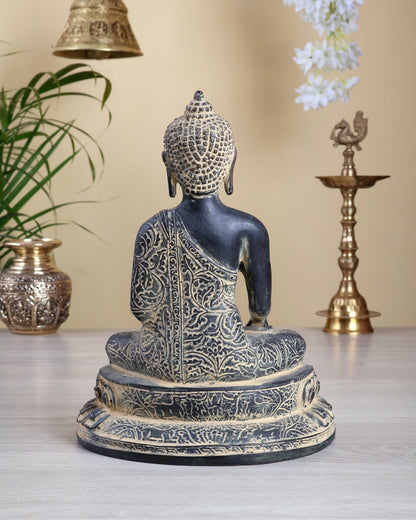 Vintage Brass Buddha Statue – Bhoomisparsha Nirvana Enlightened Buddha in Rustic Sand Patina 10.5" - Budhshiv.com