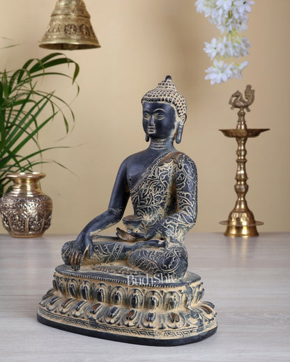 Vintage Brass Buddha Statue – Bhoomisparsha Nirvana Enlightened Buddha in Rustic Sand Patina 10.5" - Budhshiv.com
