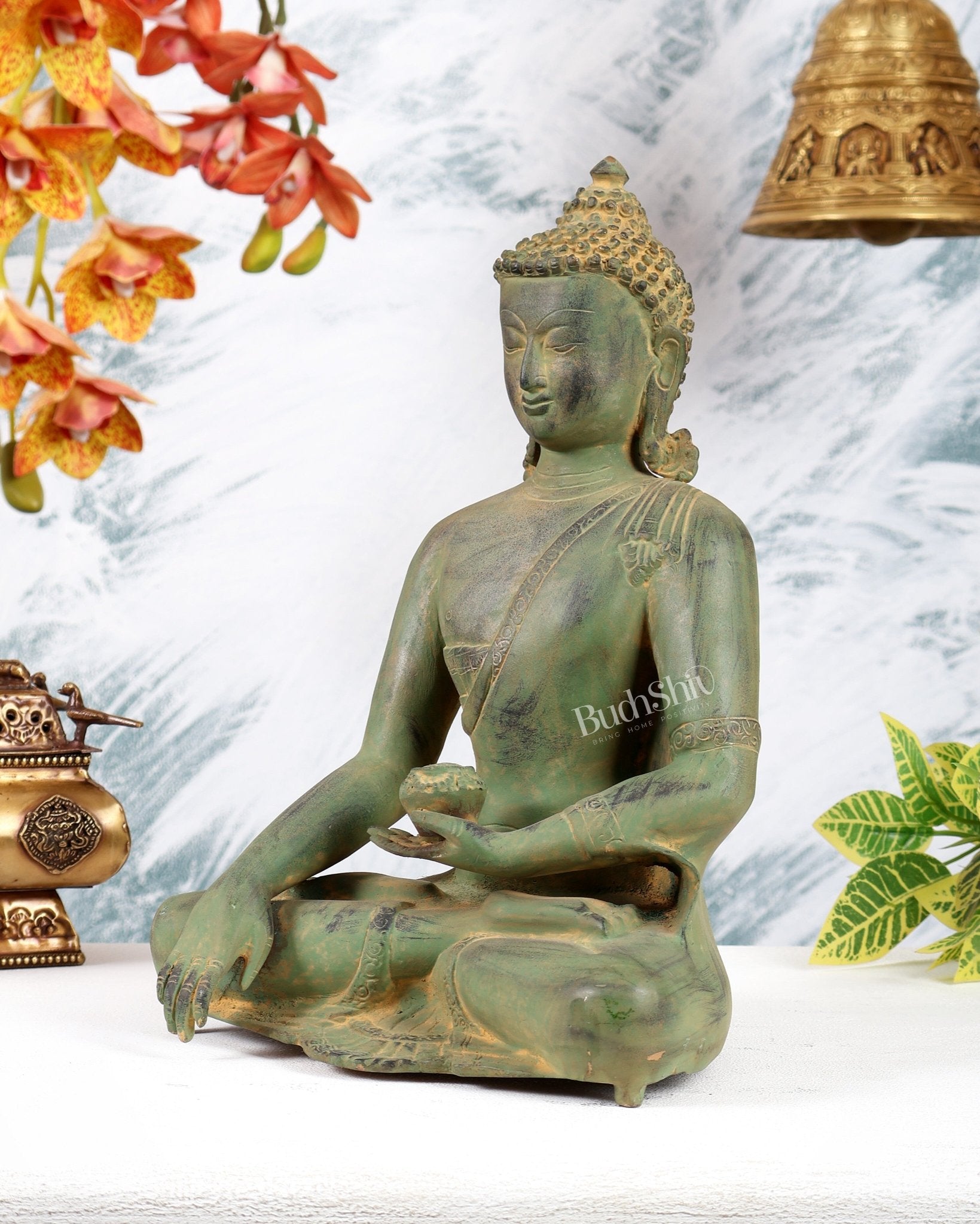 Vintage Brass Buddha Statue – Serene Heritage Spiritual Artefact 11 inch sand finish - Budhshiv.com