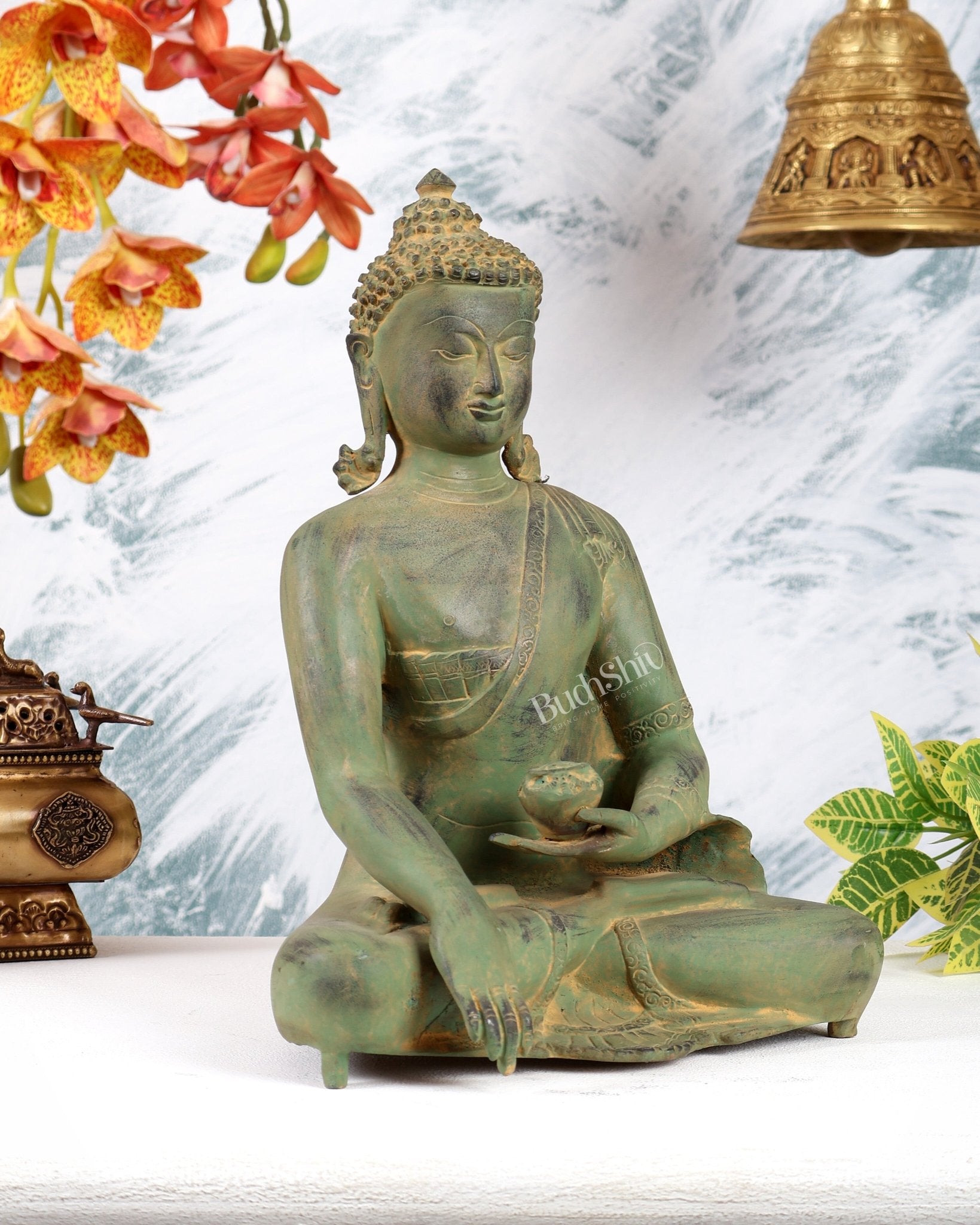 Vintage Brass Buddha Statue – Serene Heritage Spiritual Artefact 11 inch sand finish - Budhshiv.com