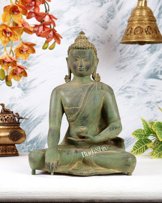 Vintage Brass Buddha Statue – Serene Heritage Spiritual Artefact 11 inch sand finish - Budhshiv.com