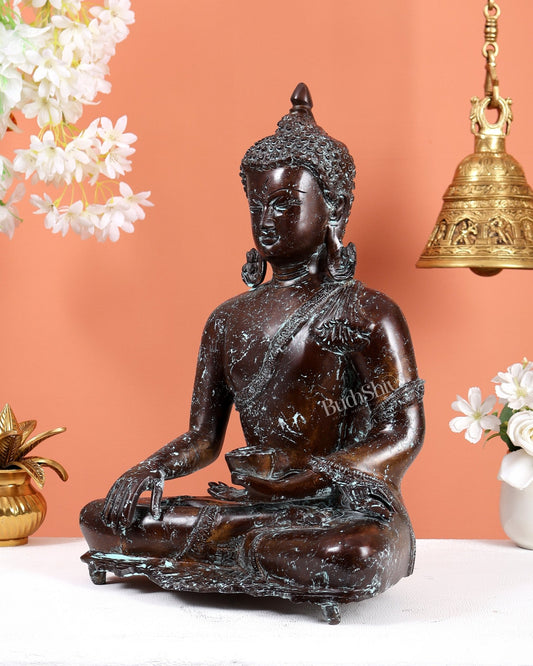 Vintage Brass Buddha Statue – Unique Patina Tone Meditation Sculpture (15.5 Inches) - Budhshiv.com