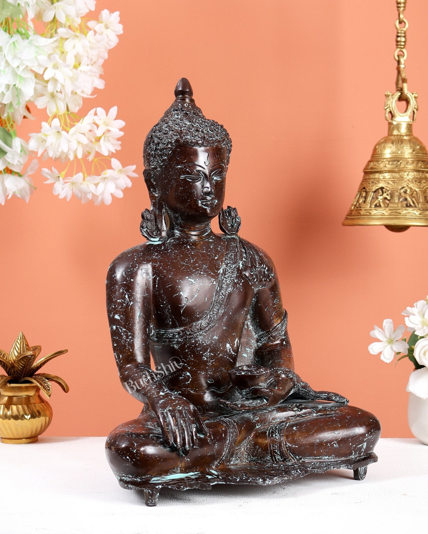 Vintage Brass Buddha Statue – Unique Patina Tone Meditation Sculpture (15.5 Inches) - Budhshiv.com