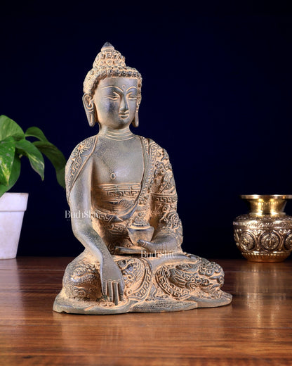 Vintage Brass Buddha Statue with Carvings – Rugged Patina Finish 8.5 inch - Budhshiv.com