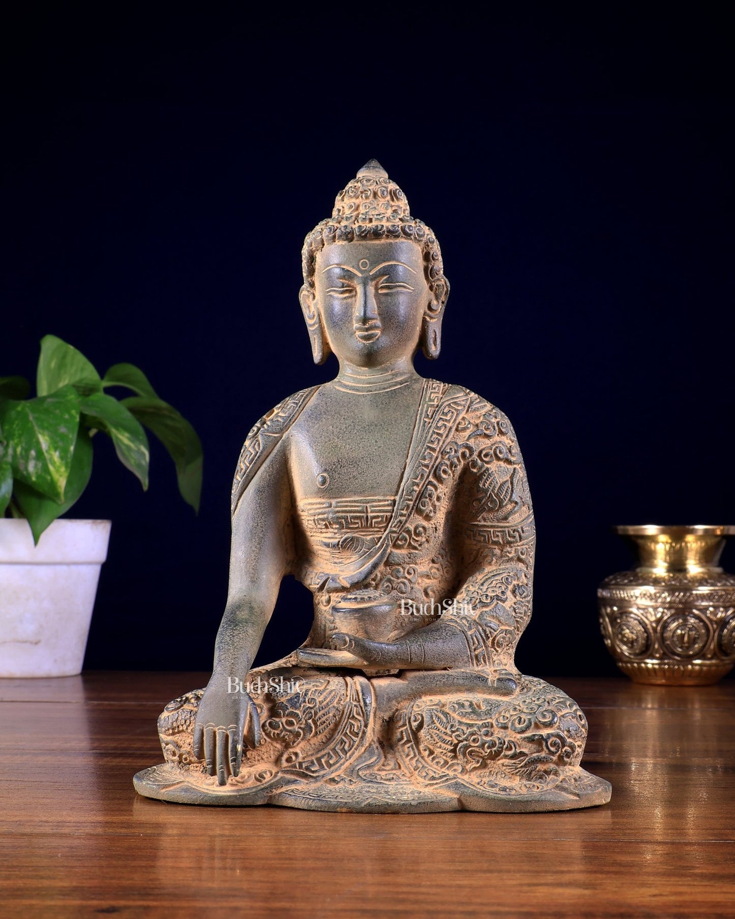 Vintage Brass Buddha Statue with Carvings – Rugged Patina Finish 8.5 inch - Budhshiv.com