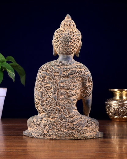 Vintage Brass Buddha Statue with Carvings – Rugged Patina Finish 8.5 inch - Budhshiv.com