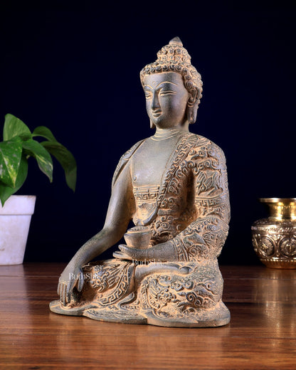 Vintage Brass Buddha Statue with Carvings – Rugged Patina Finish 8.5 inch - Budhshiv.com