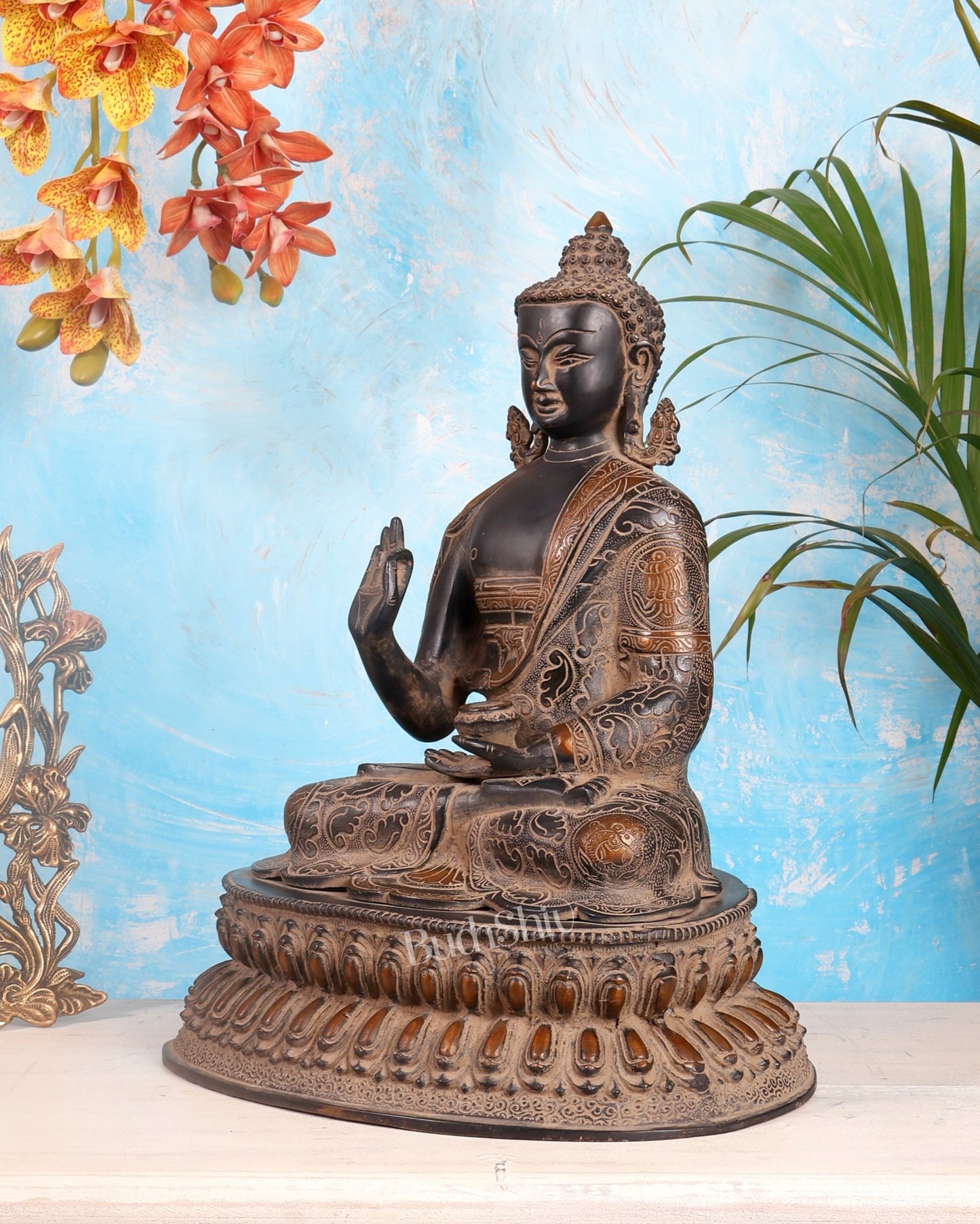 Vintage Brass Buddha Statue with Sand Finish – 16.5” - Budhshiv.com