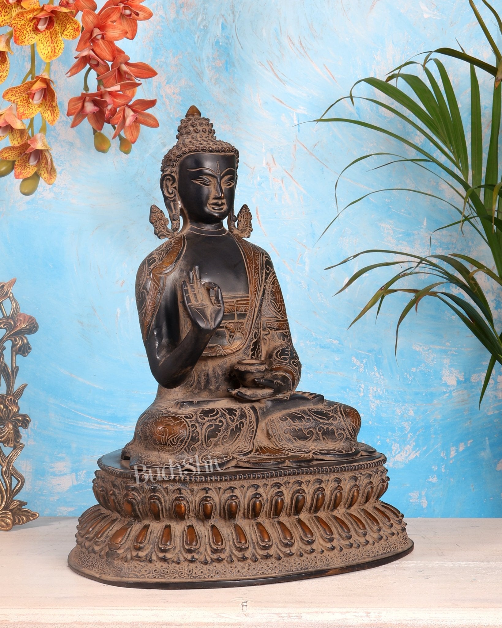 Vintage Brass Buddha Statue with Sand Finish – 16.5” - Budhshiv.com