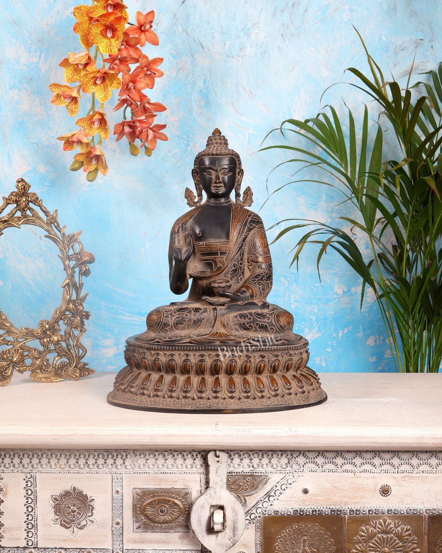 Vintage Brass Buddha Statue with Sand Finish – 16.5” - Budhshiv.com