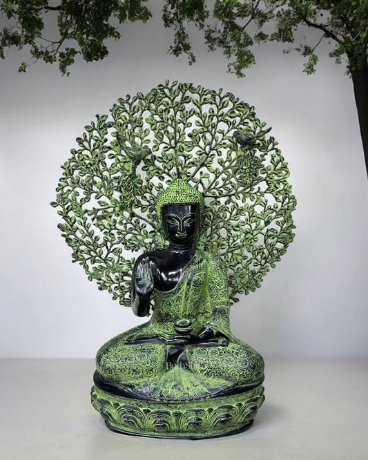 Vintage Brass Buddha with Bodhi Tree Kalpavriksha Statue 30 inch - Budhshiv.com