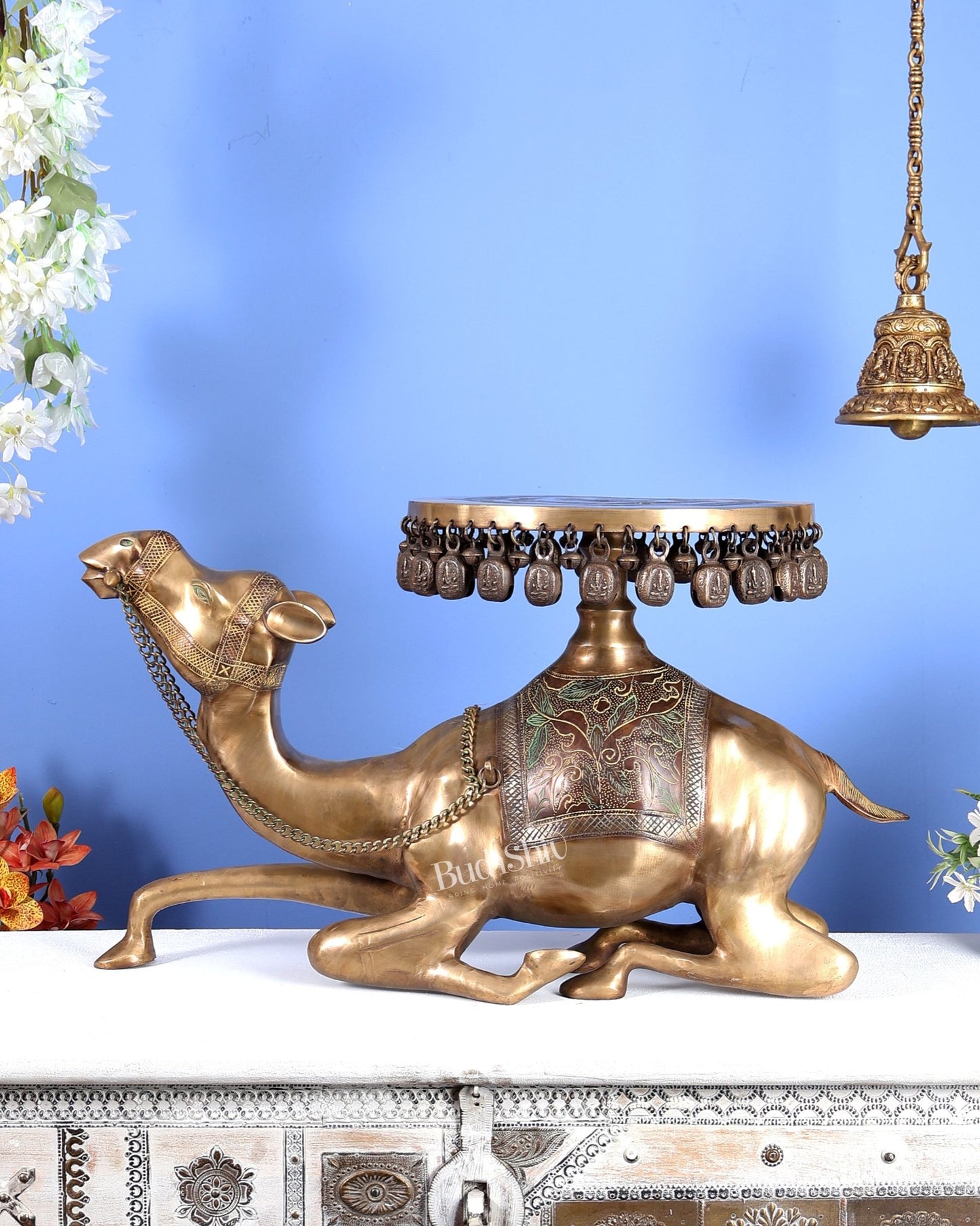 Vintage Brass Camel Design Stool Table – Handcrafted Heritage Furniture Accent (27 Inches) - Budhshiv.com