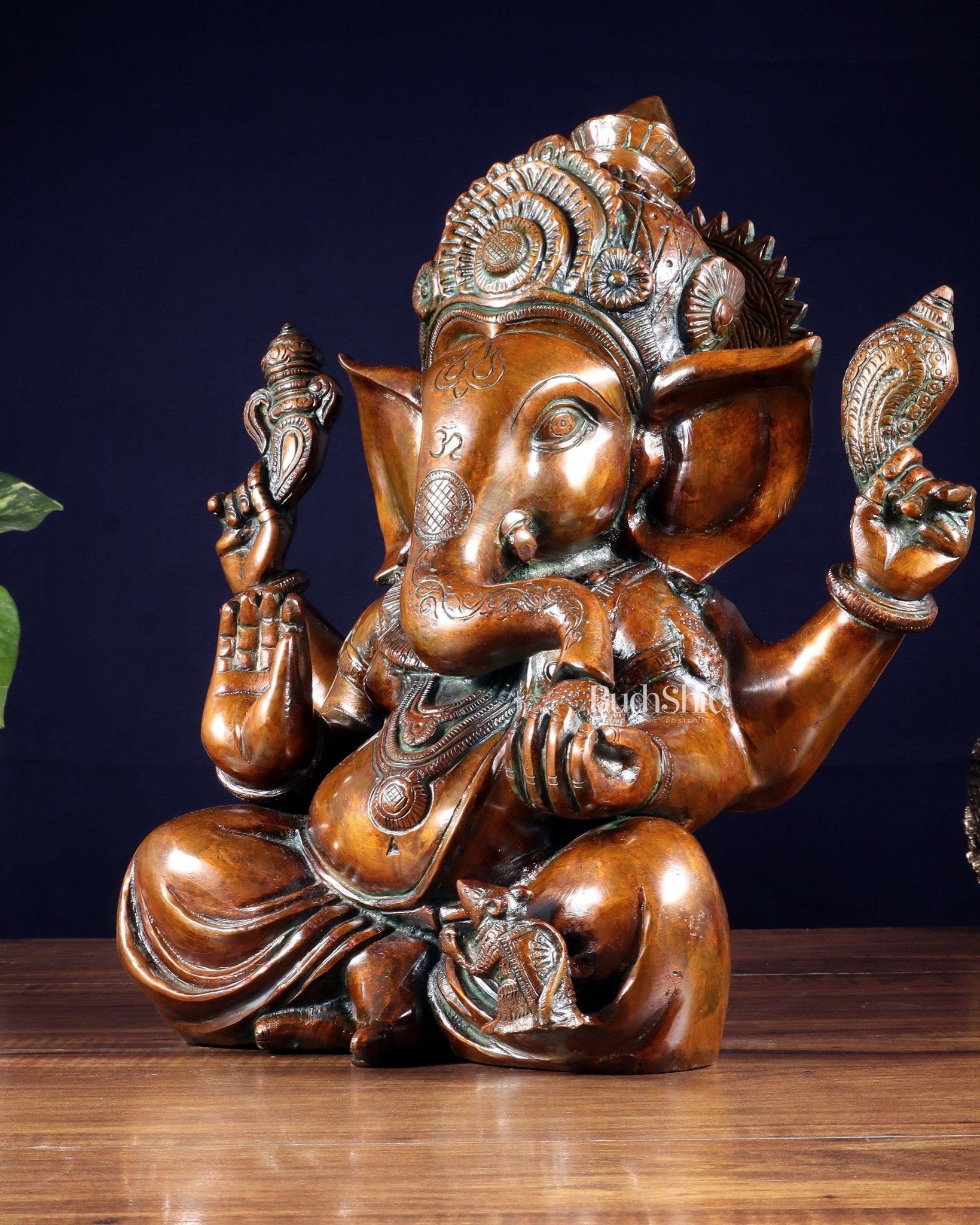 Vintage Brass Crown Ganesha Statue – Sharp Features in Copper Tone Finish 13 inch - Budhshiv.com