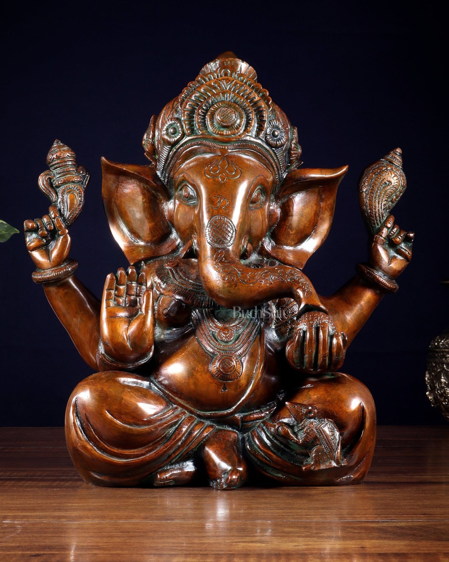 Vintage Brass Crown Ganesha Statue – Sharp Features in Copper Tone Finish 13 inch - Budhshiv.com