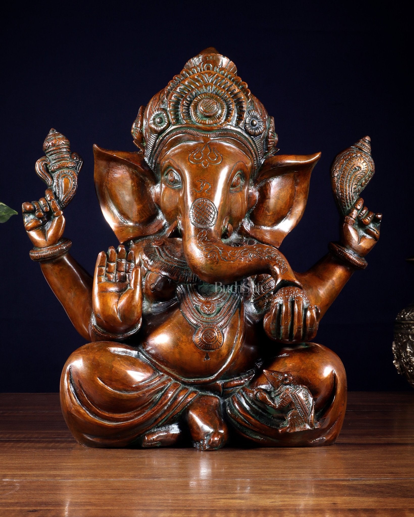 Vintage Brass Crown Ganesha Statue – Sharp Features in Copper Tone Finish 13 inch - Budhshiv.com