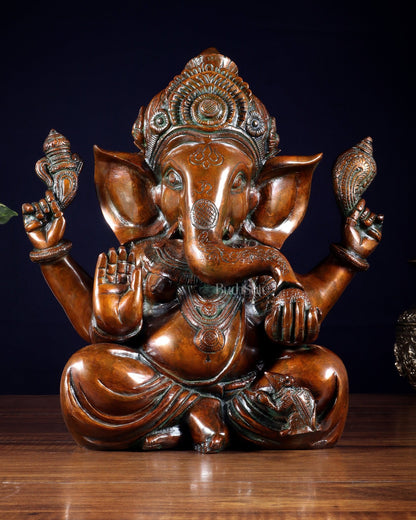 Vintage Brass Crown Ganesha Statue – Sharp Features in Copper Tone Finish 13 inch - Budhshiv.com