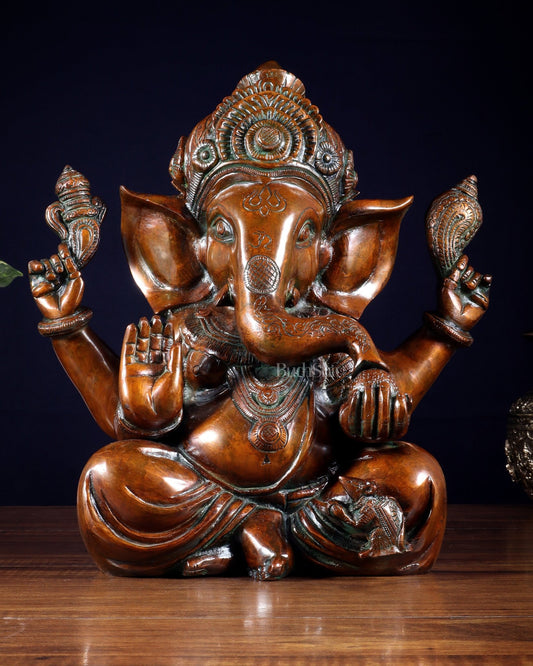 Vintage Brass Crown Ganesha Statue – Sharp Features in Copper Tone Finish 13 inch - Budhshiv.com