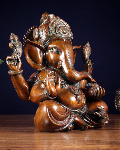 Vintage Brass Crown Ganesha Statue – Sharp Features in Copper Tone Finish 13 inch - Budhshiv.com