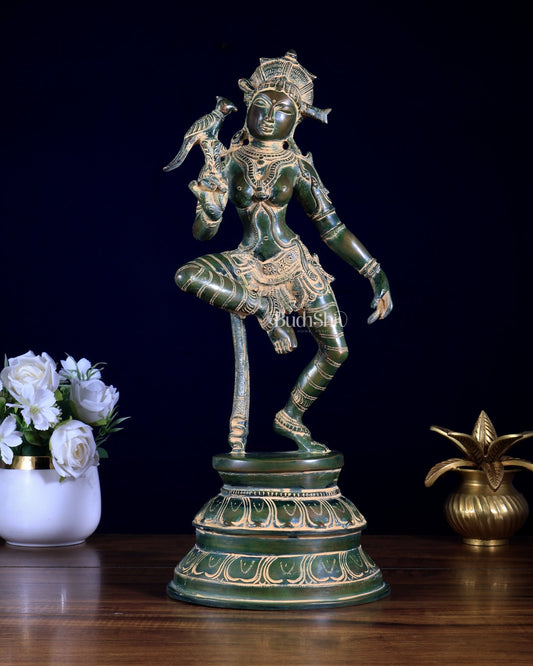 Vintage Brass Dancing Apsara with Parrot | Chola - Style Sculpture 16" green patina - Budhshiv.com