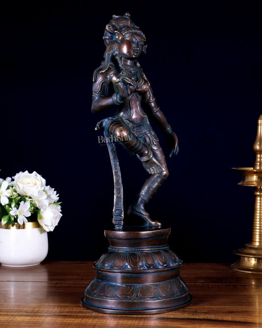 Vintage Brass Dancing Apsara with Parrot | Chola - Style Sculpture 16" - Budhshiv.com