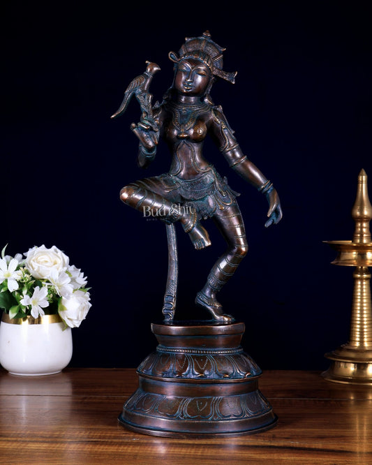 Vintage Brass Dancing Apsara with Parrot | Chola - Style Sculpture 16" - Budhshiv.com