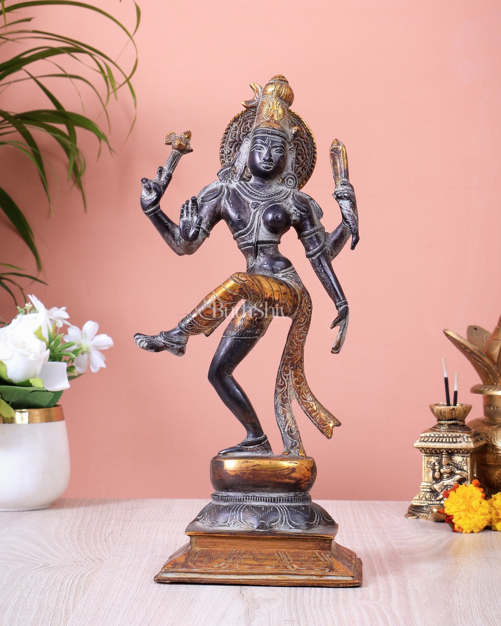 Vintage Brass Dancing Ardhanarishvara Idol (Half Shiva – Half Parvati) 12.5 inch - Budhshiv.com