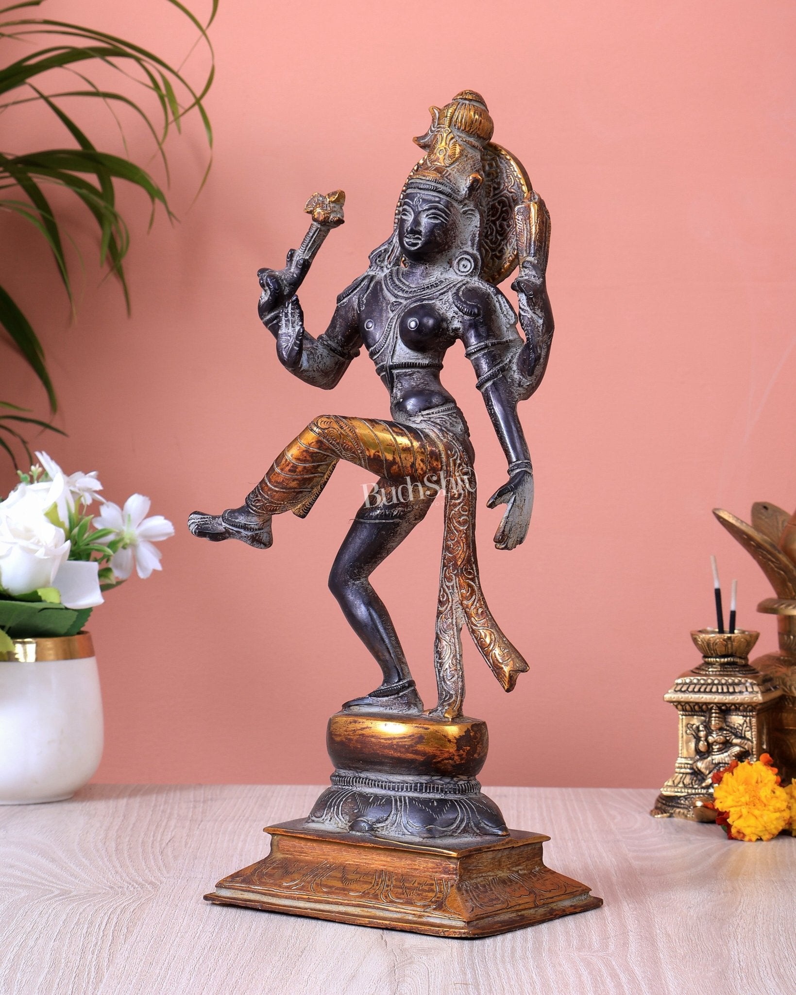 Vintage Brass Dancing Ardhanarishvara Idol (Half Shiva – Half Parvati) 12.5 inch - Budhshiv.com