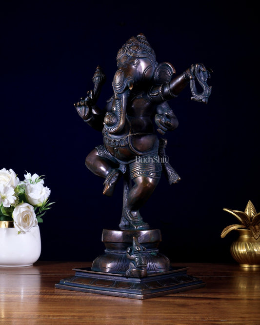 Vintage Brass Dancing Ganapati Statue – Antique Bronze Finish 15 inch - Budhshiv.com