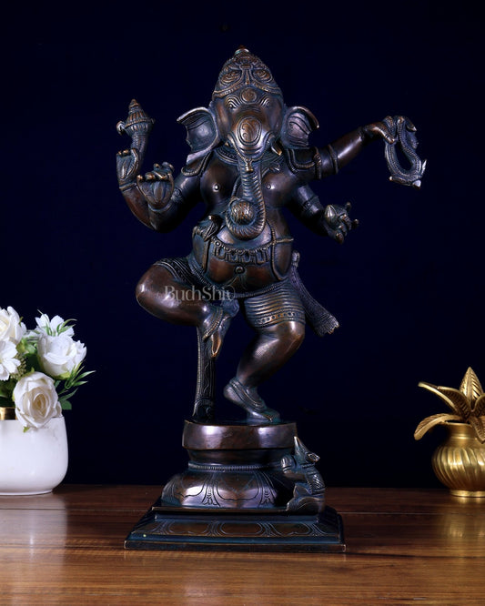 Vintage Brass Dancing Ganapati Statue – Antique Bronze Finish 15 inch - Budhshiv.com