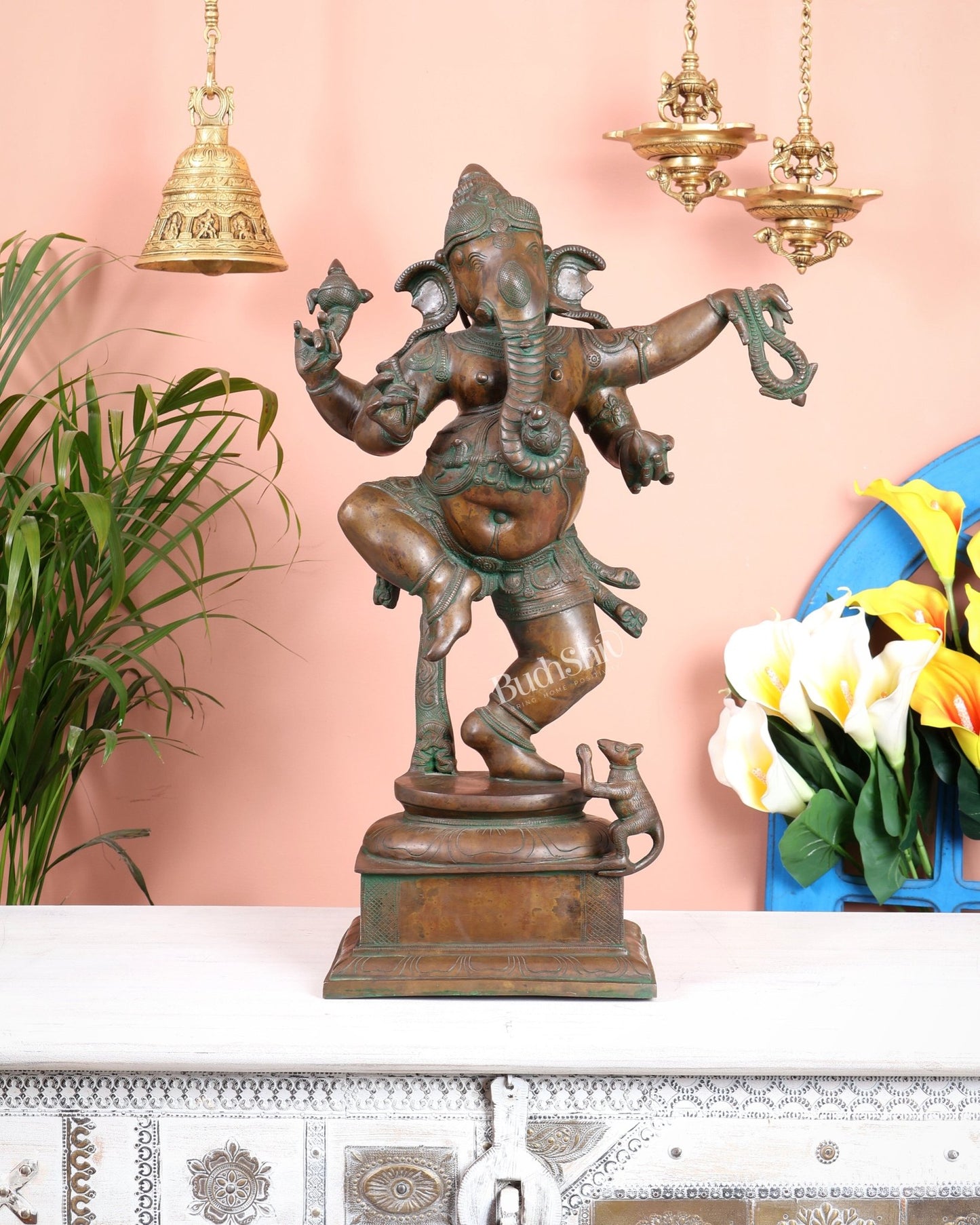 Vintage Brass Dancing Ganesha Statue 25" large - Budhshiv.com