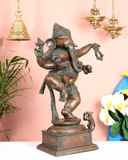 Vintage Brass Dancing Ganesha Statue 25" large - Budhshiv.com