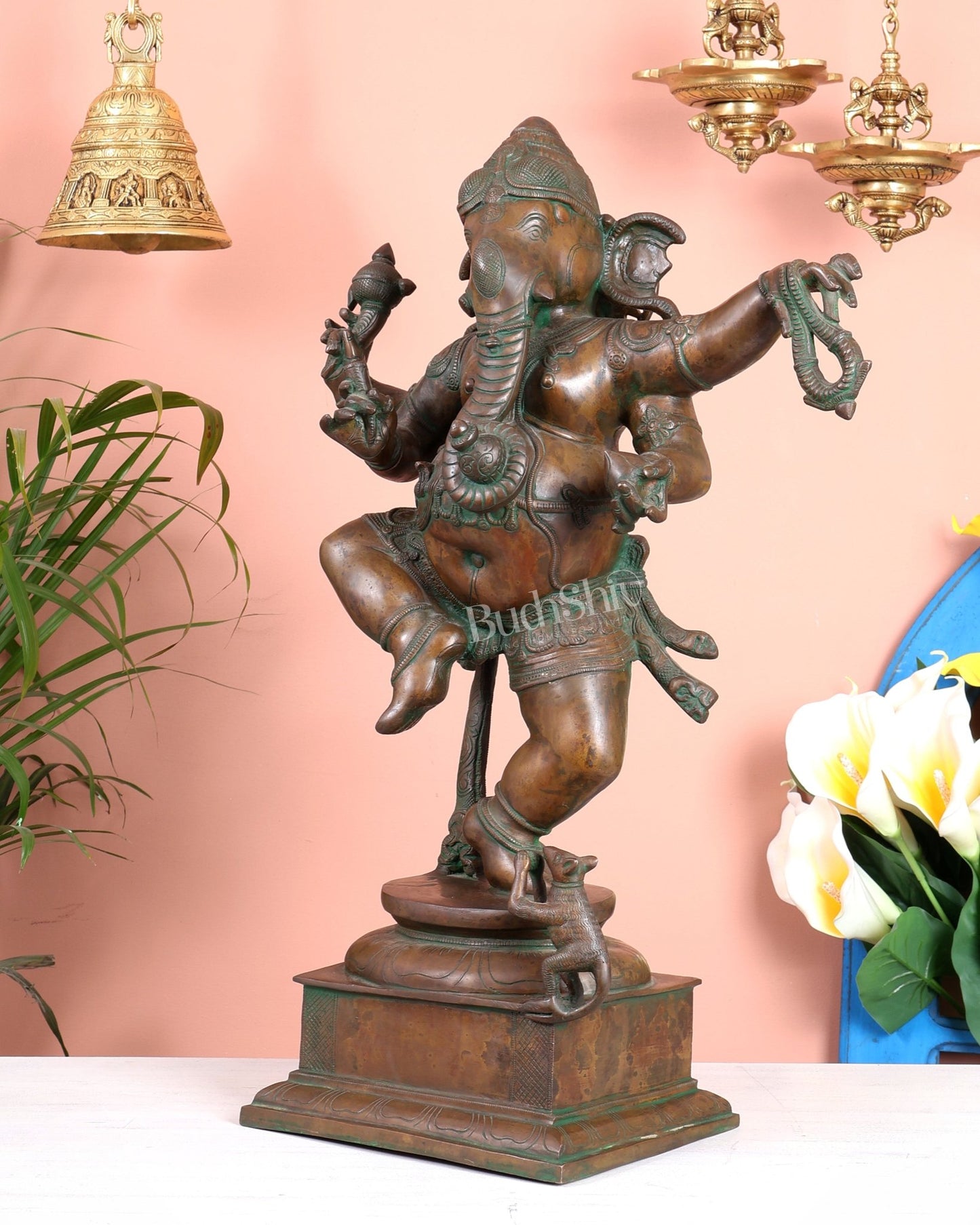 Vintage Brass Dancing Ganesha Statue 25" large - Budhshiv.com