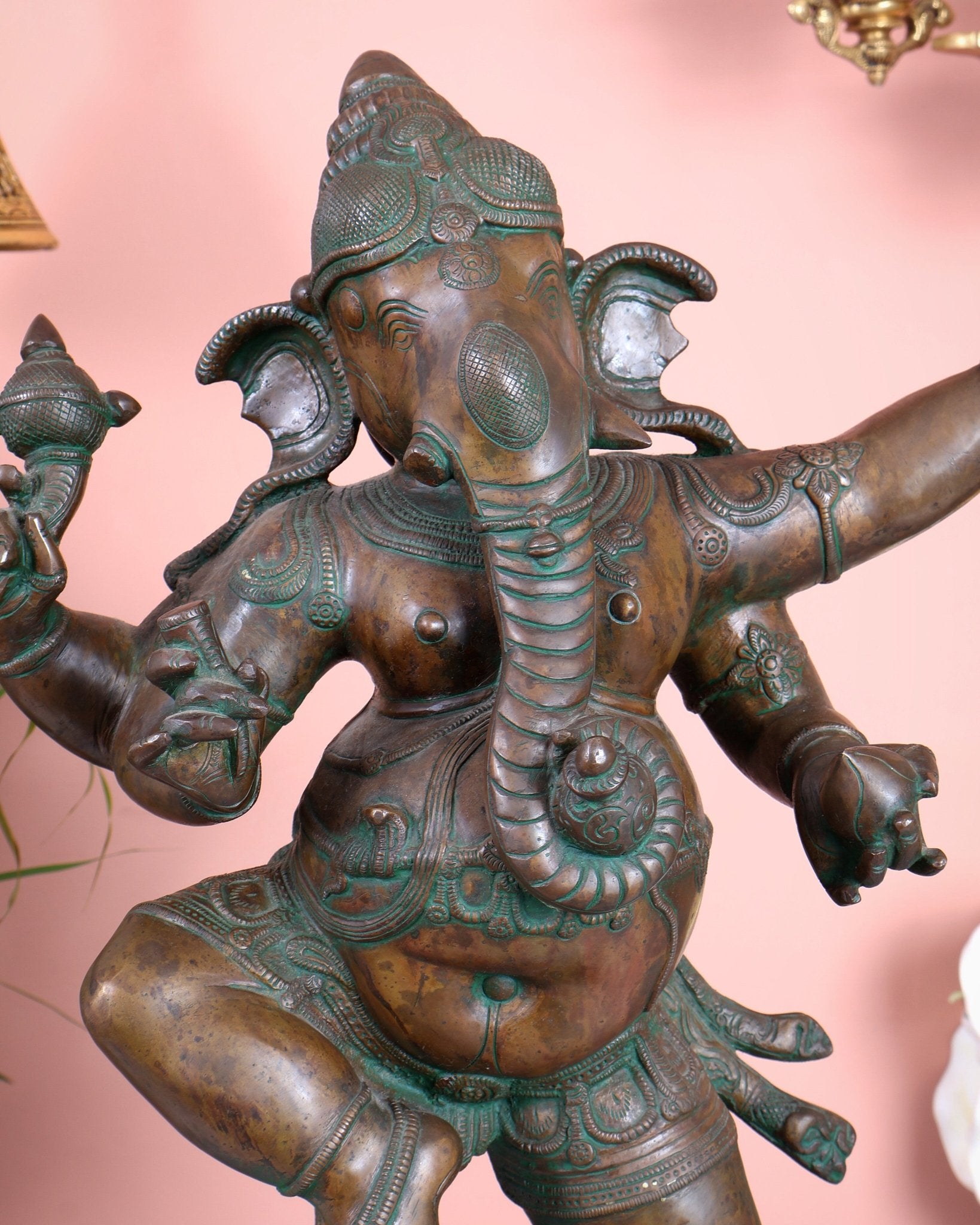 Vintage Brass Dancing Ganesha Statue 25" large - Budhshiv.com