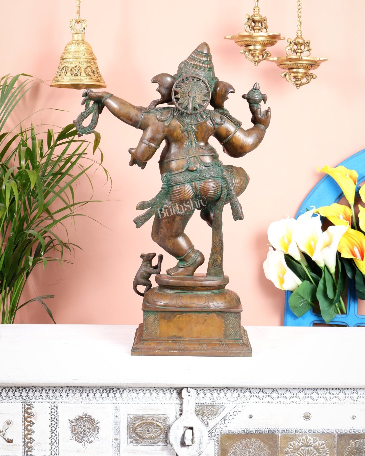 Vintage Brass Dancing Ganesha Statue 25" large - Budhshiv.com