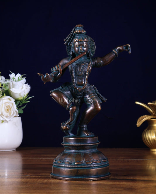 Vintage Brass Dancing Krishna Idol | Height: 9 inch - Budhshiv.com