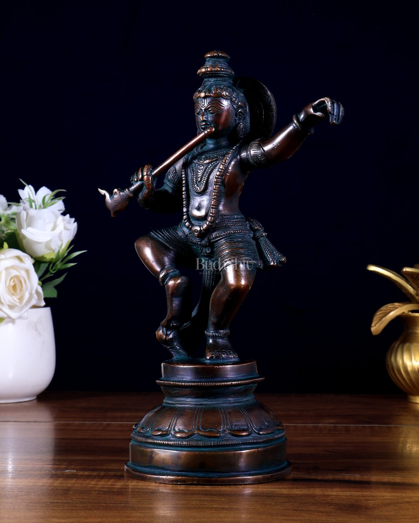 Vintage Brass Dancing Krishna Idol | Height: 9 inch - Budhshiv.com