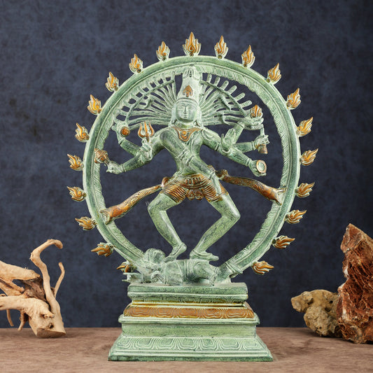 Vintage Brass Dancing Shiva as Nataraja Sculpture – 20" Height, Green Patina Finish - Budhshiv.com