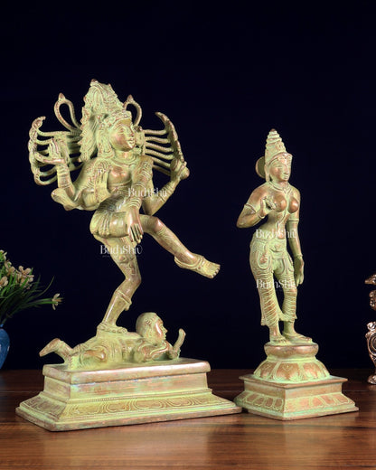 Vintage Brass Dancing Shiva Nataraja with Sivagami Parvati Idol – Green Sand Patina Finish 14 inch - Budhshiv.com