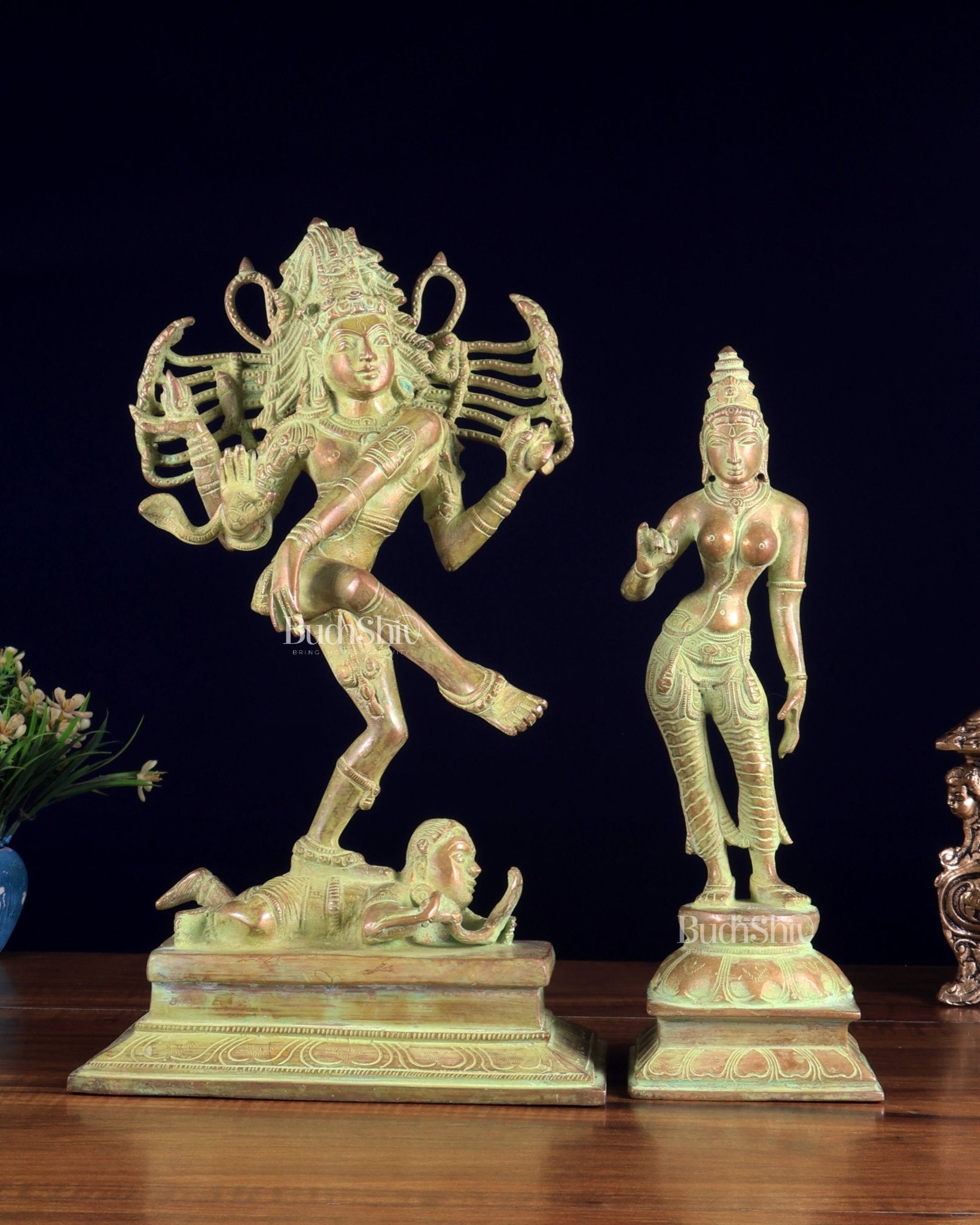 Vintage Brass Dancing Shiva Nataraja with Sivagami Parvati Idol – Green Sand Patina Finish 14 inch - Budhshiv.com
